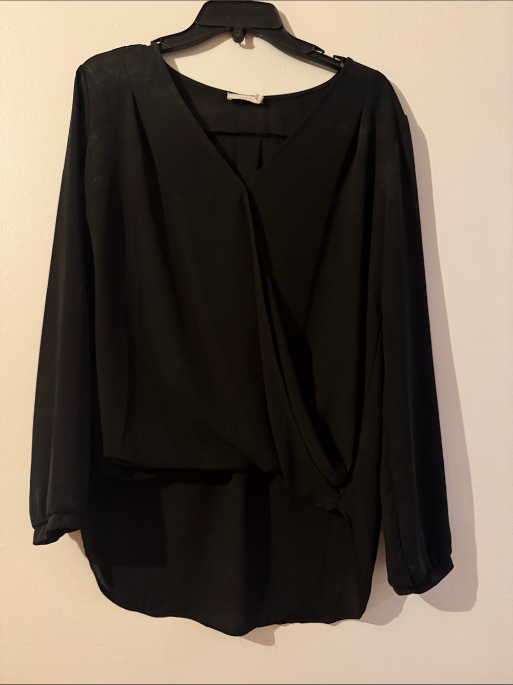 Lush Black Draped V-Neck Long Sleeve Blouse